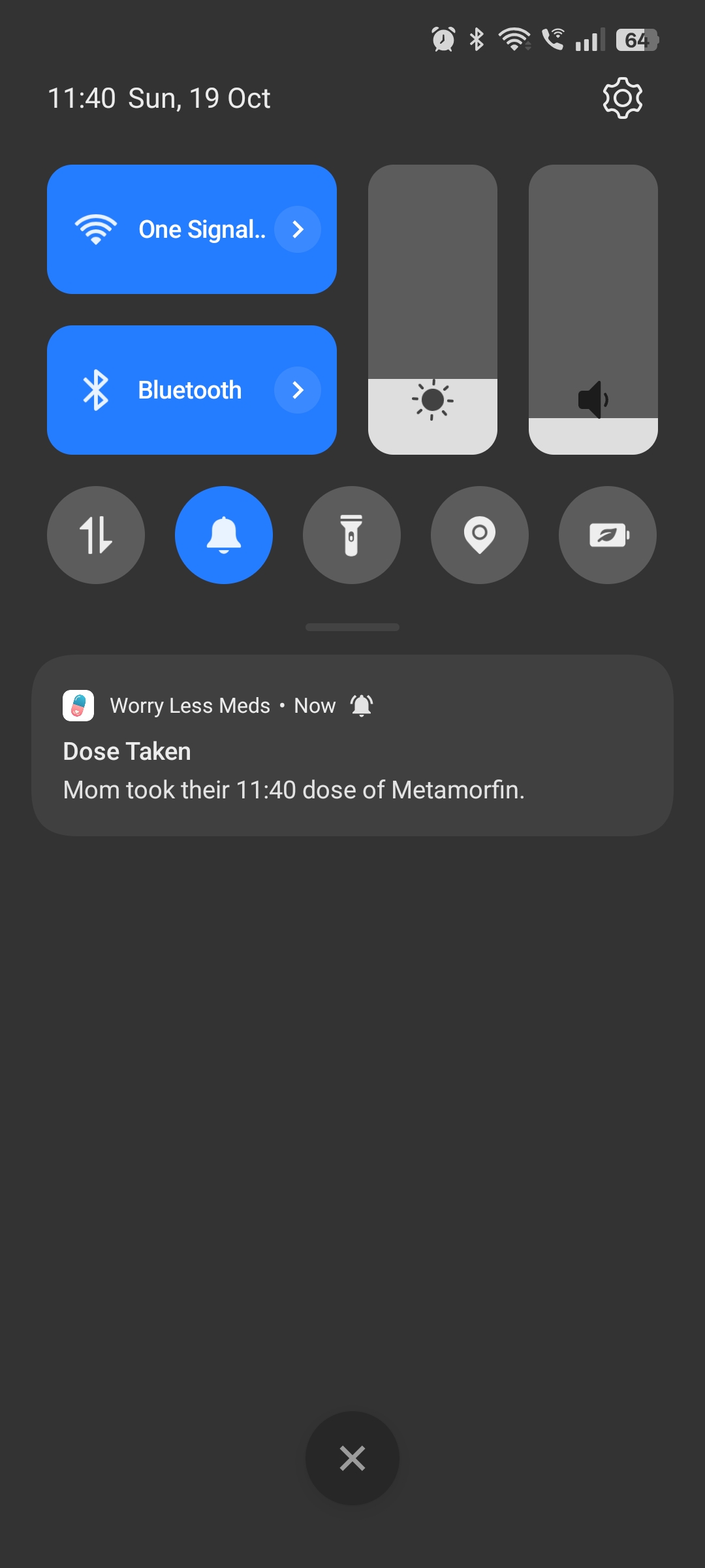 Real-time dose confirmation notification showing Mom took their Metamorfin dose